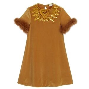 FENDI Gold Velour Dress with Fur Sleeves